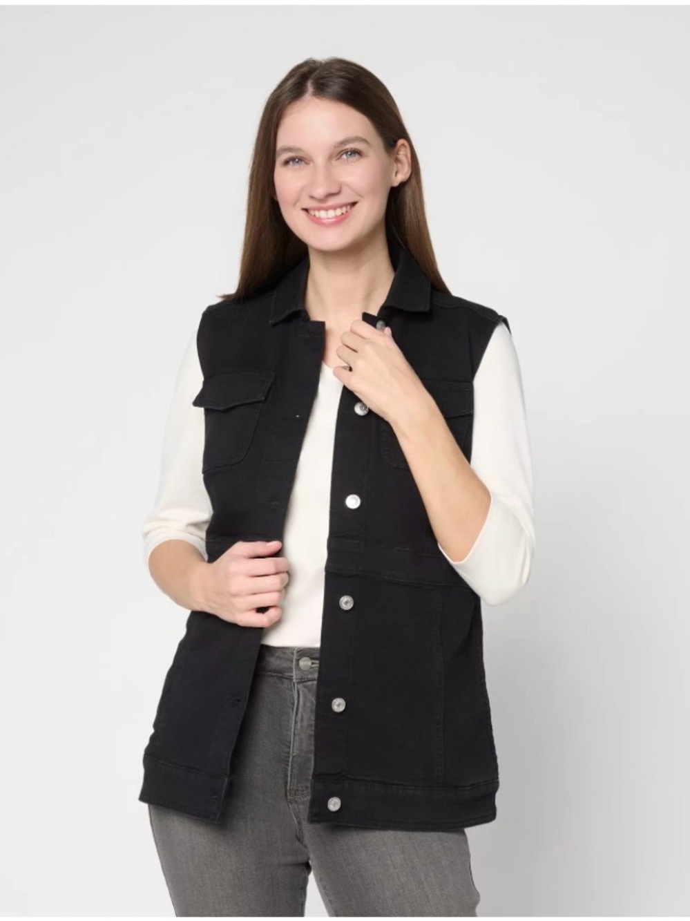 Denim & Co. Classic Stretch Denim Vest Black Wash Size Small NWT Pockets